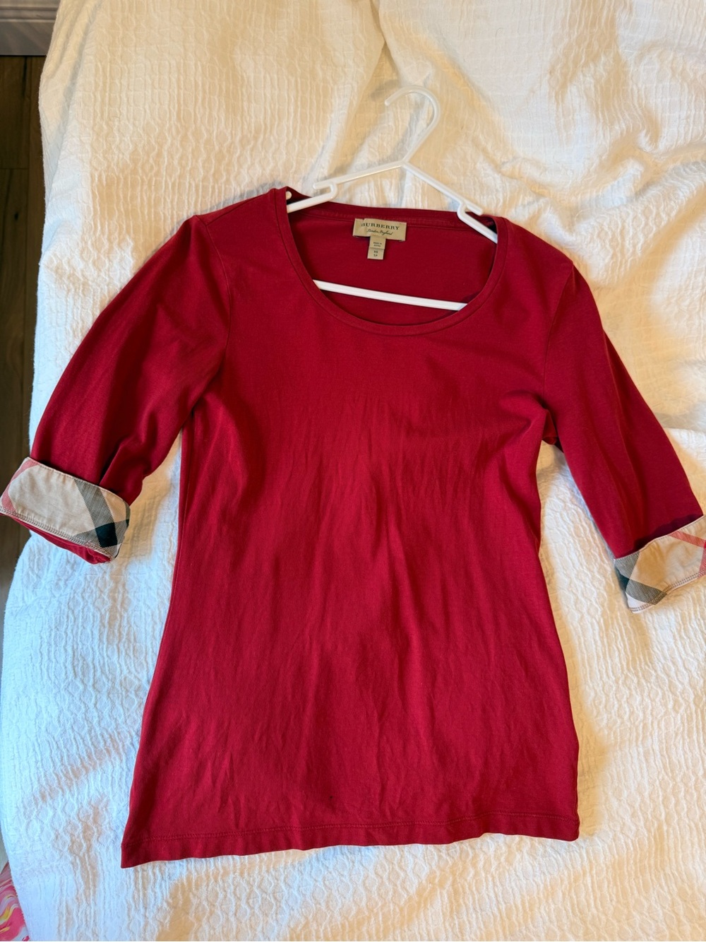 Burberry Red Scoop Neck Short Sleeve Top with Signature Cuff